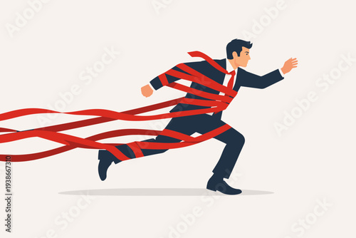 Businessman struggling to run forward while being held back by red tape, metaphor for corporate bureaucracy, career obstacles, regulatory limitations, and professional challenges to overcome.