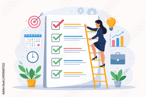 Professional woman on a ladder checking off tasks on a large checklist for project planning and goal achievement, featuring business icons like a target, lightbulb, calendar, and growth chart.