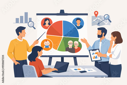Business team analyzing customer segmentation and target audience demographics for marketing strategy. Vector illustration of professionals studying consumer data, pie charts, and market reports.