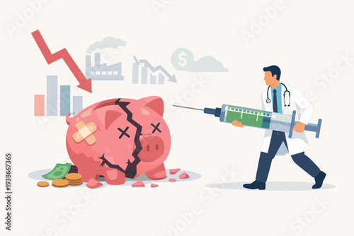 Economic Stimulus and Quantitative Easing Concept with Doctor Injecting Giant Syringe into Broken Piggy Bank during Financial Crisis, Recession Recovery, Monetary Policy, and Market Inflation.