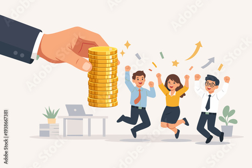 Business employees jumping for joy as a giant hand gives them a stack of gold coins. Concept of corporate bonus, salary increase, financial reward, and work performance incentive in office.