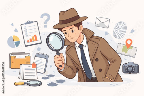 Young detective in a brown trench coat and fedora using a magnifying glass to find clues. Investigation concept with icons of maps, cameras, fingerprints, files, and footprints on white backdrop.