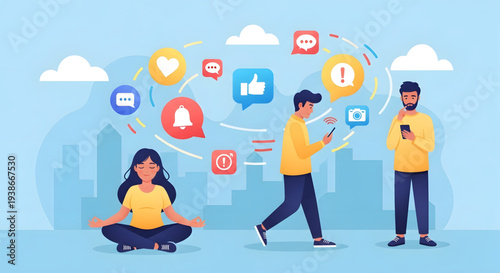 People interacting with social media icons.