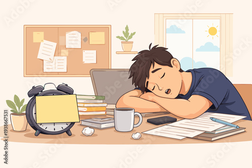 Tired Young Man Sleeping on Desk with Laptop and Books, Procrastination and Unproductive Work Concept, Lazy Student Napping During Study Session, Burnout and Exhaustion Vector Illustration.
