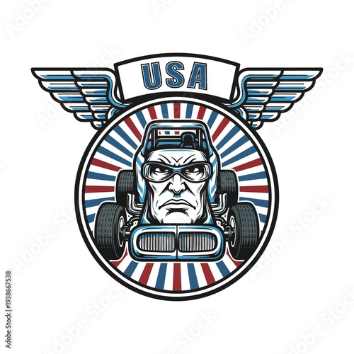 Vintage racing driver logo with usa wings and stripes emblem design for automotive enthusiasts and motorsports fans