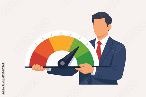 Businessman holding a performance measurement gauge with a needle pointing to the green zone, representing high efficiency, credit score, risk control, quality evaluation, and business success.