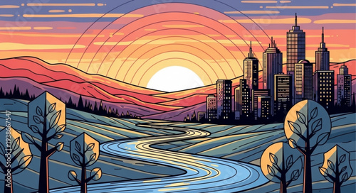 Stylized Cityscape with Vibrant Sunset Illustration.