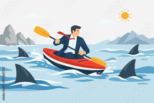 Businessman in a suit rowing a kayak through shark-infested waters, representing risk-taking, overcoming challenges, business survival, entrepreneurship, and determination in a crisis situation.