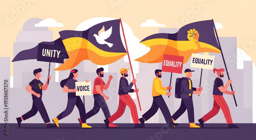 Diverse people protesting for equality unity.