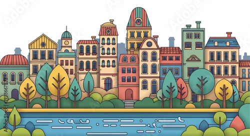 Colorful Cartoon Buildings by the River.