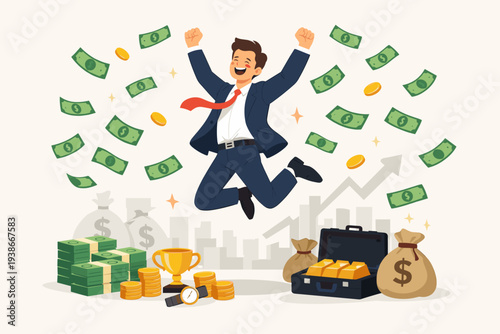 Successful Businessman Celebrating Financial Freedom and Wealth with Falling Money, Gold Bars, and Cash Stacks. Happy Millionaire Achieving Business Growth and Prosperity in Flat Vector Illustration