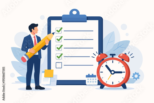 Businessman holding giant pencil marking tasks on a clipboard checklist with alarm clock for time management, productivity, task completion, project planning, and meeting work deadlines.