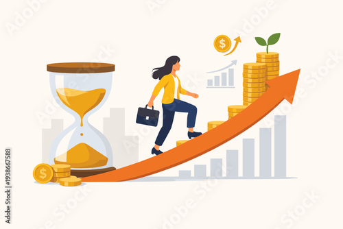 Businesswoman walking up a rising arrow of gold coins towards financial growth and success, representing time value of money, long-term investment, wealth accumulation, and compound interest.