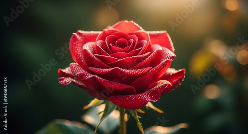 Beautiful Red Rose with Thorns Closeup.