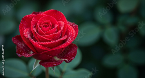 Fotografía Red Rose with Dew Drops on Petals.