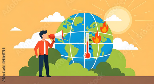 Man looking at global warming earth.