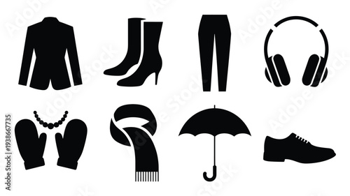 A clean vector illustration featuring a collection of fashion accessories and clothing items in black silhouettes on a white background, perfect for design and editorial use.