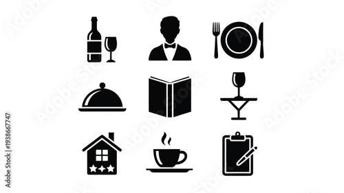 A clean vector illustration featuring various black icons on a white background, including wine, food, hotel, and service symbols, conveying a sense of hospitality and dining experience.