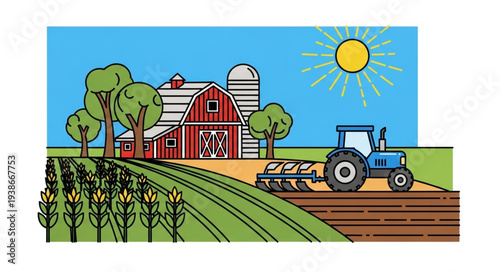 Tractor Working in Agricultural Field Scene.