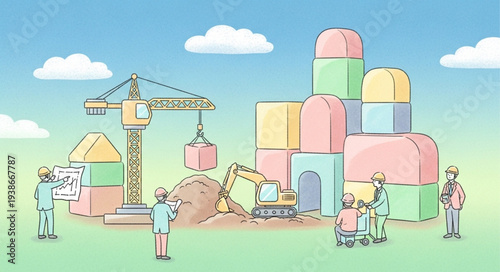 Construction Site with Crane and Workers.