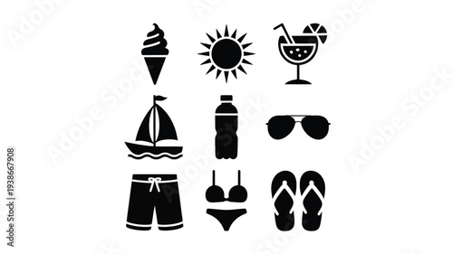 A vibrant and colorful flat design illustration featuring a set of summer vacation icons, including ice cream, sunglasses, and beachwear.