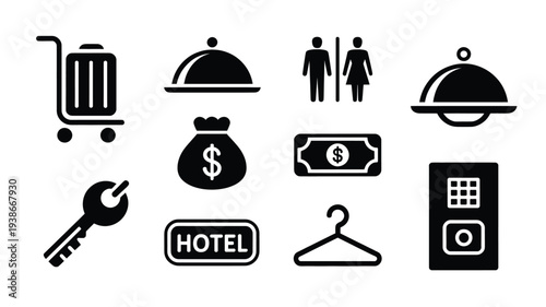 A clean vector illustration featuring hotel and travel related icons in flat design style, including luggage, money, key, and hotel sign.