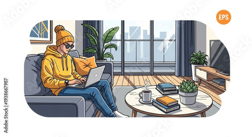 Man Sitting on Sofa Using Laptop.