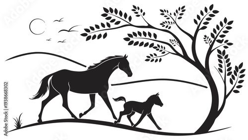 Majestic horses and foal roaming freely in serene natural landscape