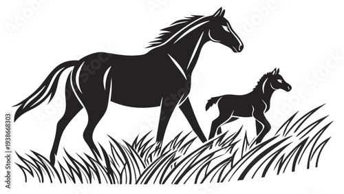 Majestic horses roaming freely in natural grassy landscape