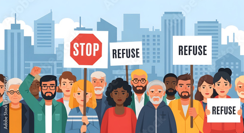 Diverse crowd protesting with refuse signs.