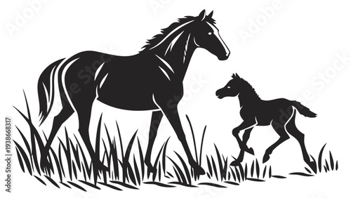 Mother horse and foal walking together in grassy field