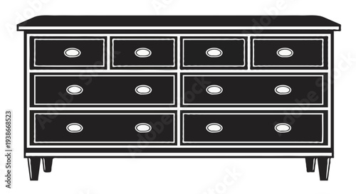A black and white illustration of a dresser with eight drawers