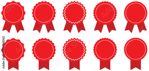 red ribbon and banner. set of premium quality and guarantee labels isolated on white background. vector illustration.