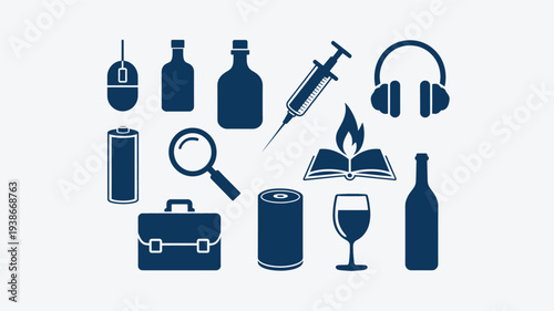 A clean and modern vector illustration featuring a collection of objects in dark blue, set against a crisp white background, perfect for commercial use.