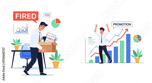 Businessman getting fired and promoted simultaneously.