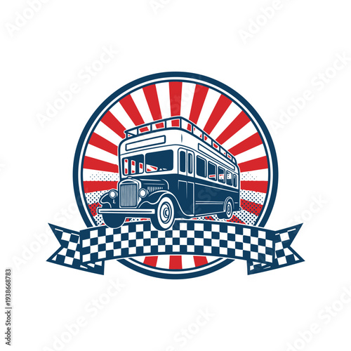 Vintage double decker bus racing logo with checkered flag and red sunburst background