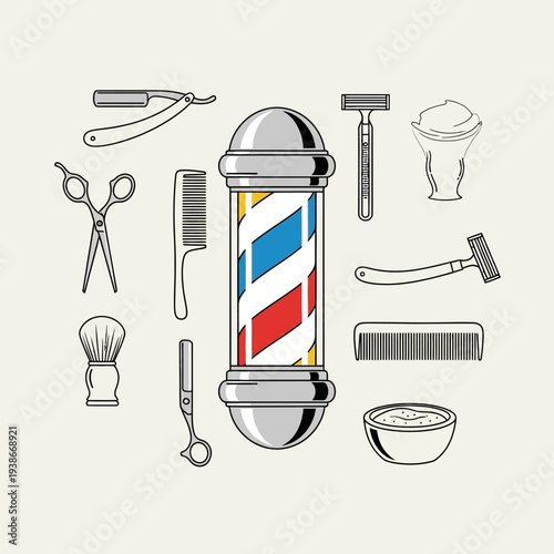 Classic Barbershop Tools and Barber Pole Illustration.