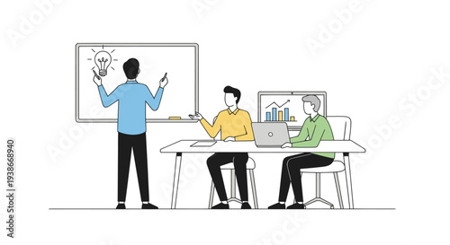 Business team brainstorming ideas during a meeting with one person drawing a lightbulb on a whiteboard and others analyzing data on laptops and monitors.