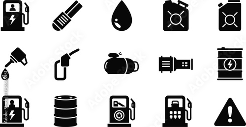 Collection of black oil and gas station icons on white background