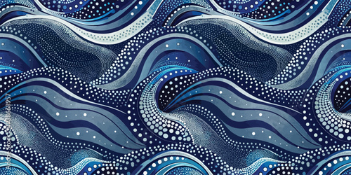 Abstract ocean waves with celestial dots and swirling blue patterns Vector