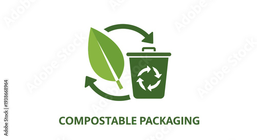 Eco-friendly compostable packaging logo with a green leaf and recycle bin icon for sustainable waste.