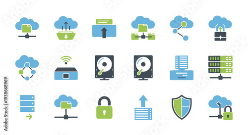 Cloud Computing and Data Storage Icons: Network Security and Connectivity Concepts.