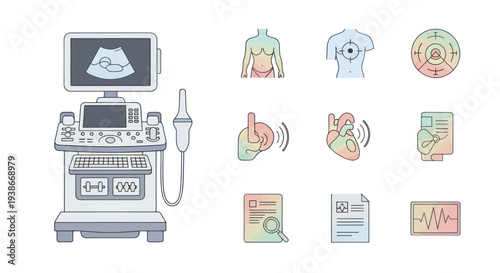 Medical Ultrasound Machine and Diagnostic Icons for Healthcare.