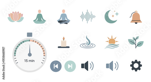 Flat design icons for meditation mindfulness relaxation and well-being featuring timer sound and nature symbols.