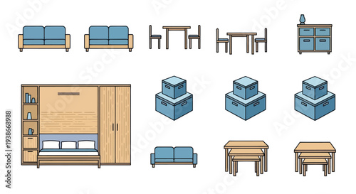 Pixel art furniture and home moving icon set with a sofa Murphy bed table and boxes.