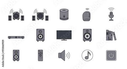 Collection of audio and visual electronic device icons.