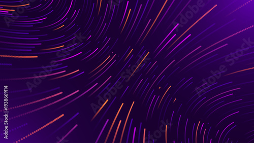 Abstract Tech Flow with Data Paths and AI-Powered Signals. Purple Light Trails in a Digital Network. High-Speed Wireless and Fiber Connections Tech Presentation Background Vector.