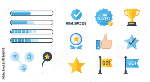 Vector Icons for Success Goal Achievement Progress Bars and Positive Feedback.