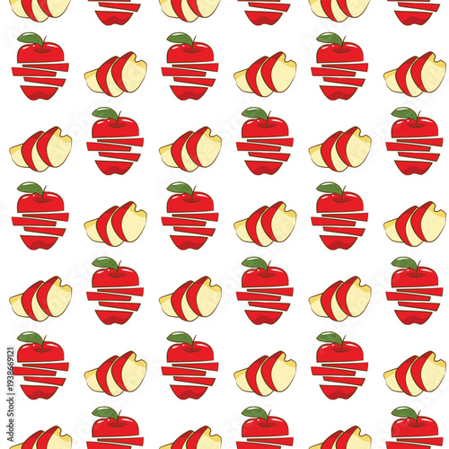 Colorful pattern featuring red apples and slices, perfect for kitchen decor or food-themed designs.