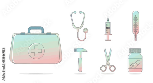 Medical Kit and Instruments Collection with First Aid Box.